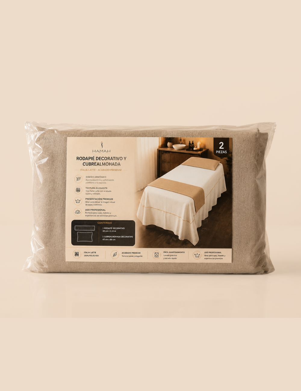 Kit de Carpetas Decorativas para Pie de Cama  y Almohada en Tela Italia Latte