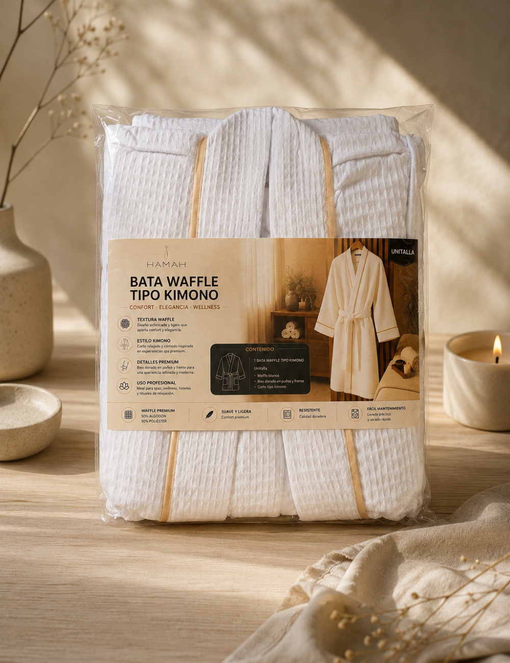 Bata de Baño Wafle - Tipo Kimono con Bies