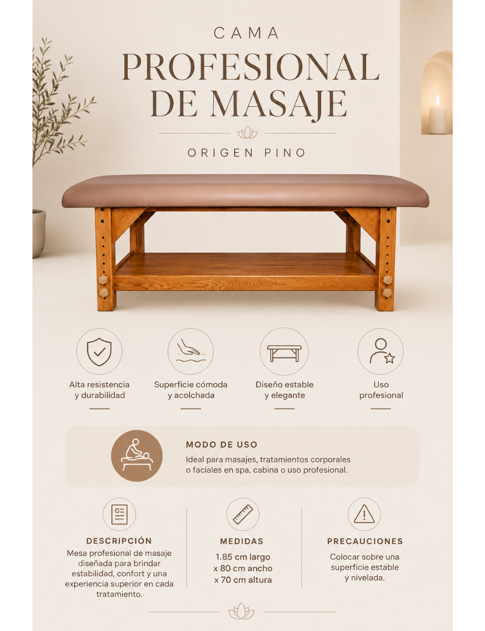 Cama Profesional para Masaje - Orígen Pino
