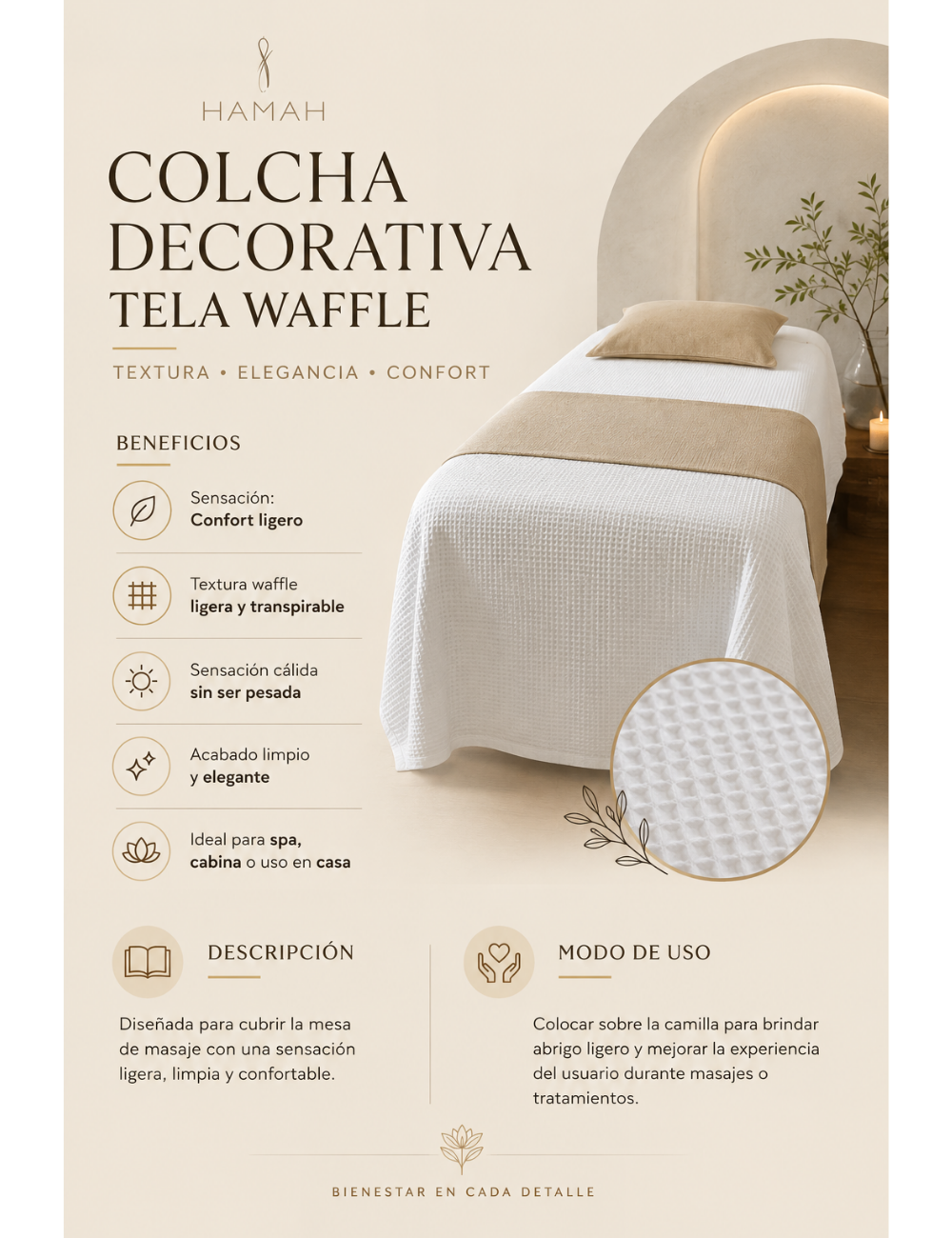Colcha para mesa de masaje waffle 110x220