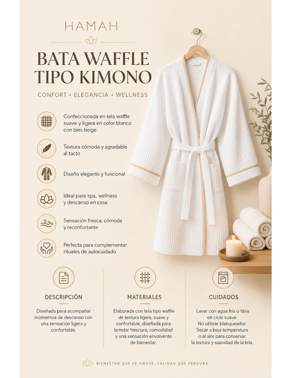 Bata de Baño Wafle - Tipo Kimono con Bies